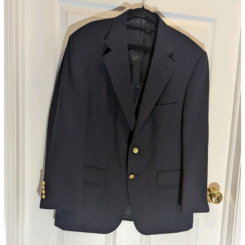 Old Money Navy Wool Blazer Gold Crest Buttons Preppy Ivy 42S Sport Coat